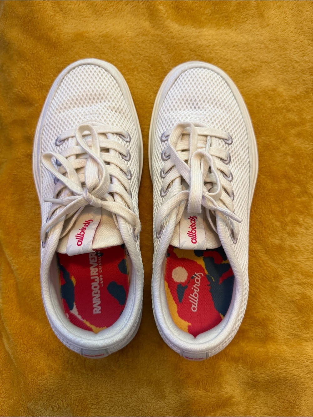 allbirds White Mesh Sneakers with Multicolor Printed Insoles